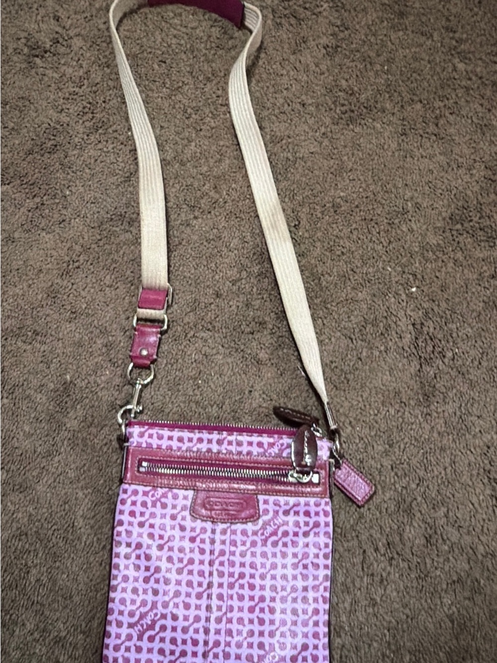 Coach Pink Signature Crossbody Pouch with Beige Strap